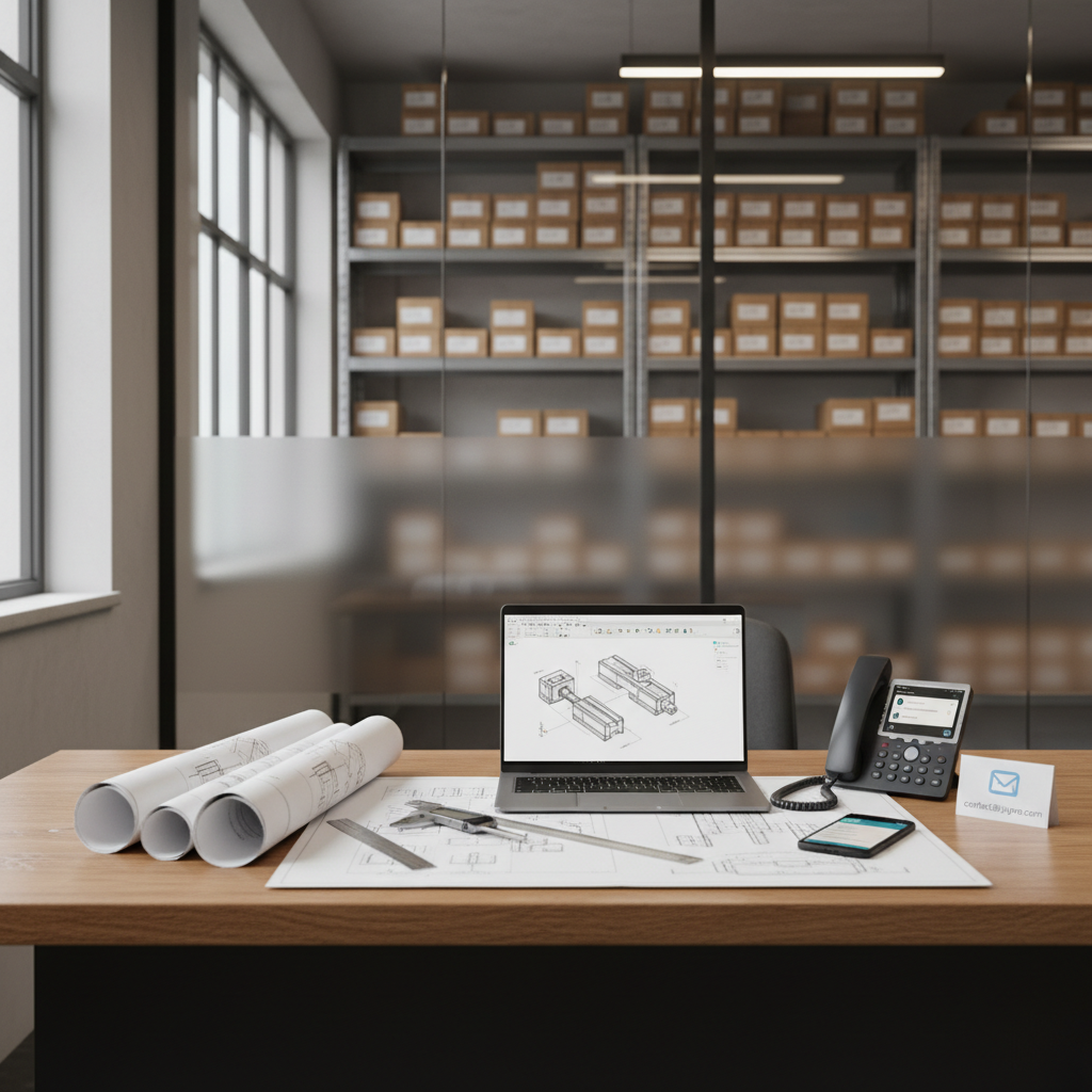 A photographic realism scene of an industrial-style office corner where technical consultations for AJUPRE take place, without any people. A solid oak desk with a matte finish supports an open laptop displaying a schematic drawing of extruder components, next to printed technical blueprints of calzitos arranged with metal rulers and a precision caliper. To the side, a business phone, a smartphone showing a WhatsApp chat interface, and a small card with an email icon subtly reference contact options. The background features a glass partition with a blurred view of shelves holding labeled boxes of hardware. Warm, indirect ceiling lighting mixes with soft daylight from a side window, creating a calm, trustworthy atmosphere. Captured at eye level with a balanced composition, the image communicates accessibility, professionalism, and modern communication channels.